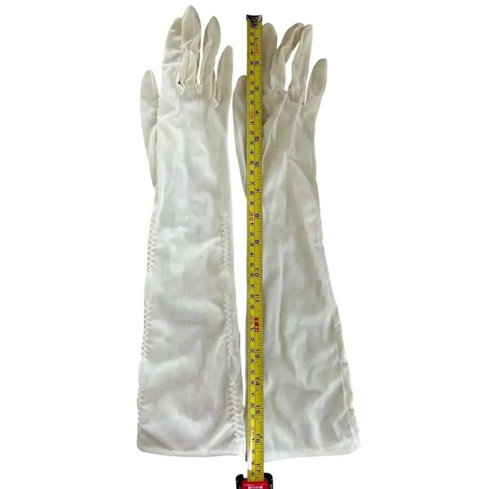 Vintage 50s 60s White Ruched Nylon Opera Gloves Elbow Length